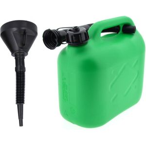 Jerrycan groen voor olie en brandstof van 5 liter met een handige grote trechter van 39 cm