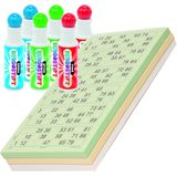 200x Bingokaarten nummers 1-90 inclusief 6x bingo stiften blauw/groen/rood