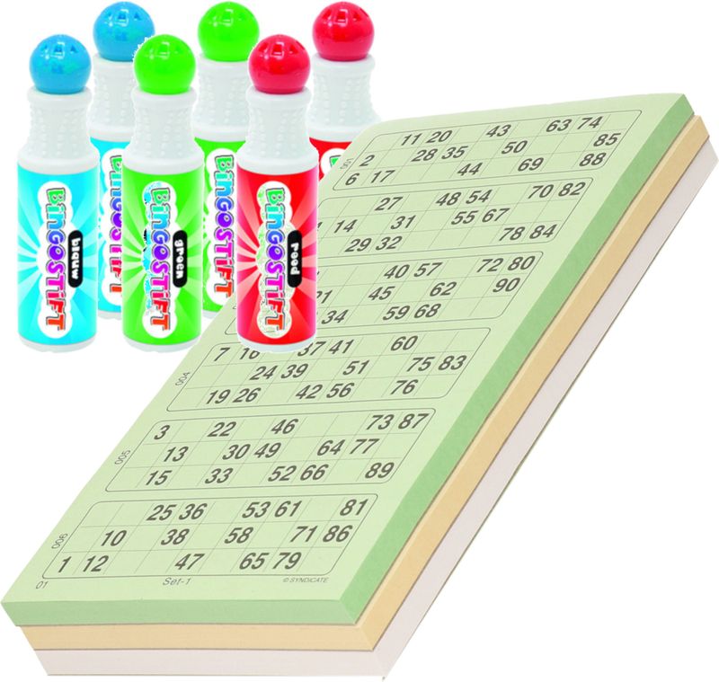 200x Bingokaarten nummers 1-90 inclusief 6x bingo stiften blauw/groen/rood