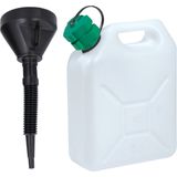 Jerrycan wit voor olie en brandstof van 5 liter met een handige grote trechter van 39 cm