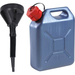 Jerrycan blauw voor olie en brandstof van 5 liter met een handige grote trechter van 39 cm
