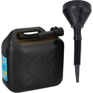 Jerrycan zwart voor olie en brandstof van 10 liter met een handige grote trechter van 39 cm