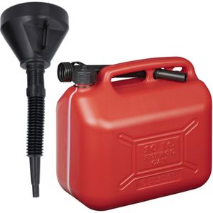 Jerrycan rood voor olie en brandstof van 10 liter met een handige grote trechter van 39 cm