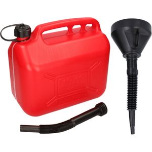 Jerrycan rood voor olie en brandstof van 10 liter met een handige grote trechter van 39 cm