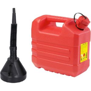 Jerrycan rood voor olie en brandstof van 10 liter met een handige grote trechter van 39 cm