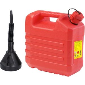 Jerrycan rood voor olie en brandstof van 20 liter met een handige grote trechter van 39 cm