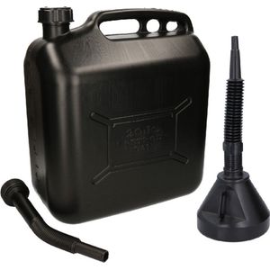 Jerrycan zwart voor olie en brandstof van 20 liter met een handige grote trechter van 39 cm