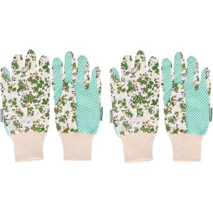 2x paar tuinhandschoenen/werkhandschoenen met groene bloemetjes - Tuinartikelen - Werkhandschoenen - Klusartikelen