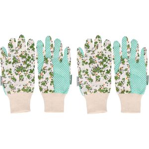 3x paar tuinhandschoenen/werkhandschoenen met groene bloemetjes - Tuinartikelen - Werkhandschoenen - Klusartikelen