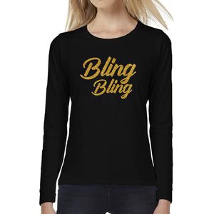 Bellatio Decorations Glitter en Glamour feest longsleeve shirt dames - bling bling goud - zwart - feestkleding XS