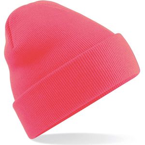 Basic dames/heren beanie wintermuts 100% soft Acryl in kleur fluor roze - Super soft - Brede omslag band