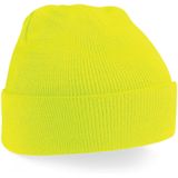 Basic dames/heren beanie wintermuts 100% soft Acryl in kleur fluor geel - Super soft - Brede omslag band
