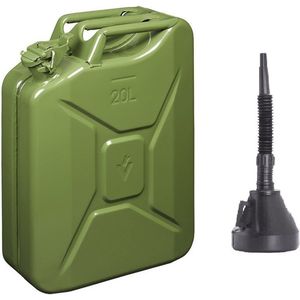 Metalen Jerrycan groen voor brandstof van 20 liter met een handige grote schenk trechter