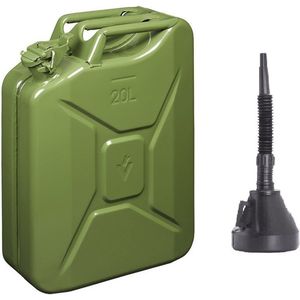 Metalen grote Jerrycan groen voor olie en brandstof van 20 liter met een handige grote trechter van 39 cm