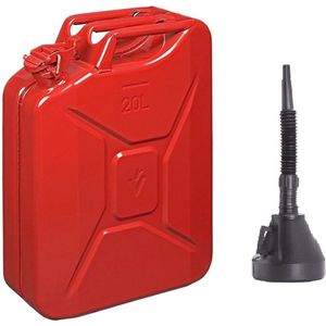 Metalen Jerrycan rood voor brandstof van 20 liter met een handige grote schenk trechter