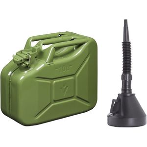 Metalen grote Jerrycan groen voor olie en brandstof van 10 liter met een handige grote trechter van 39 cm