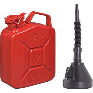 Metalen Jerrycan rood voor brandstof van 5 liter met een handige grote schenk trechter