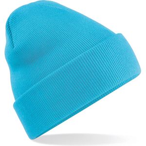 Basic dames/heren beanie wintermuts 100% soft Acryl in kleur surf blauw - Super soft - Brede omslag band