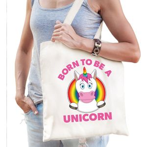 Katoenen tas - Born to be a unicorn - regenboog - wit - 43 x 38 cm