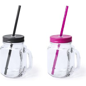 6x stuks drink potjes van glas Mason Jar zwart/roze 500 ml