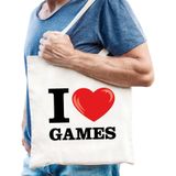 Katoenen tasje I love games wit voor dames en heren - Cadeautasjes - Verjaardag / bedankt tassen / shoppers