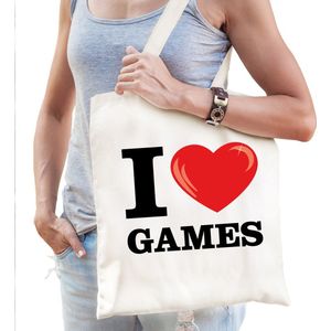 Katoenen tasje I love games wit voor dames en heren - Feest Boodschappentassen