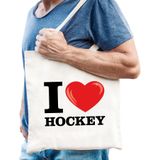 Katoenen tasje I love hockey wit voor dames en heren - Cadeautasjes - Verjaardag / bedankt tassen / shoppers