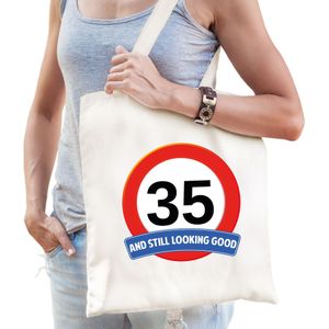 Verkeersbord / stopbord 35/vijfendertig katoenen cadeau tas wit voor dames en heren - kado tas / verjaardag tasje / shopper