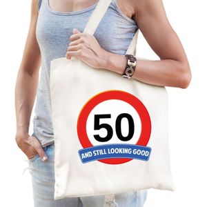 Verkeersbord / stopbord 50/vijftig katoenen cadeau tas wit voor dames en heren - kado tas / verjaardag tasje / shopper
