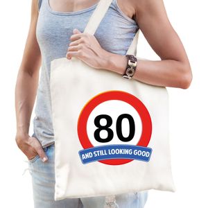 Verkeersbord / stopbord 80/tachtig katoenen cadeau tas wit voor dames en heren - Feest Boodschappentassen