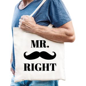 Mr. Right wit katoenen tasje met snor heren - Cadeau bruiloft/ vrijgezellen feest heren