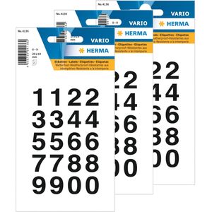 Stickers - 3x velletje 20x18 mm - 40 plak cijfers/getallen 0-9 - zwart/transparant