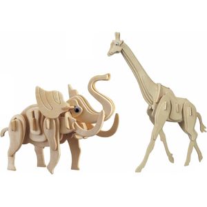 Houten 3D savanne dieren puzzel set Giraffe en Olifant - Speelgoed bouwpakketten