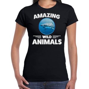 T-shirt haai - zwart - dames - amazing wild animals - cadeau shirt haai haaien liefhebber
