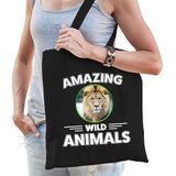 Katoenen tasje leeuw - zwart - volwassen + kind - amazing wild animals - boodschappentas/ gymtas/ sporttas - leeuwen fan