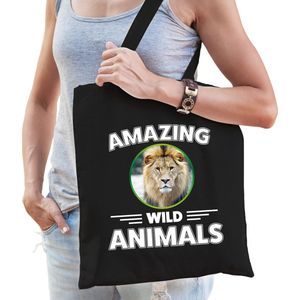 Katoenen tasje leeuw - zwart - volwassen + kind - amazing wild animals - boodschappentas/ gymtas/ sporttas - leeuwen fan