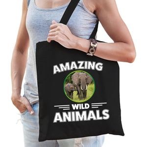 Katoenen tasje olifant - zwart - volwassen + kind - amazing wild animals - boodschappentas/ gymtas/ sporttas - olifanten fan