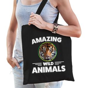Katoenen tasje tijger - zwart - volwassen + kind - amazing wild animals - boodschappentas/ gymtas/ sporttas - tijgers fan