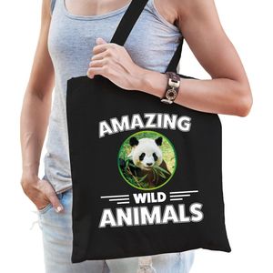 Katoenen tasje panda - zwart - volwassen + kind - amazing wild animals - boodschappentas/ gymtas/ sporttas - pandaberen fan