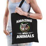 Katoenen tasje uil - zwart - volwassen + kind - amazing wild animals - boodschappentas/ gymtas/ sporttas - uilen fan