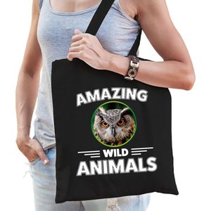 Katoenen tasje uil - zwart - volwassen + kind - amazing wild animals - boodschappentas/ gymtas/ sporttas - uilen fan