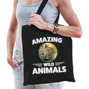 Katoenen tasje jaguar - zwart - volwassen + kind - amazing wild animals - boodschappentas/ gymtas/ sporttas - jachtluipaarden fan