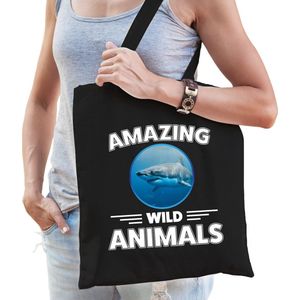 Katoenen tasje haai - zwart - volwassen + kind - amazing wild animals - boodschappentas/ gymtas/ sporttas - haaien fan