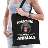 Katoenen tasje chimpansee - zwart - volwassen + kind - amazing wild animals - boodschappentas/ gymtas/ sporttas - chimpansee apen fan
