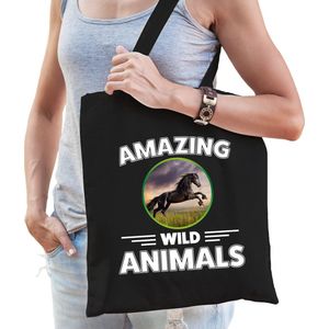 Katoenen tasje paard - zwart - volwassen + kind - amazing wild animals - boodschappentas/ gymtas/ sporttas - paarden fan