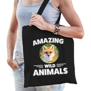 Katoenen tasje vos - zwart - volwassen + kind - amazing wild animals - boodschappentas/ gymtas/ sporttas - vossen fan