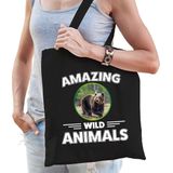 Katoenen tasje beer - zwart - volwassen + kind - amazing wild animals - boodschappentas/ gymtas/ sporttas - beren fan
