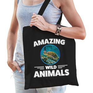 Katoenen tasje schildpad - zwart - volwassen + kind - amazing wild animals - boodschappentas/ gymtas/ sporttas - schildpadden fan