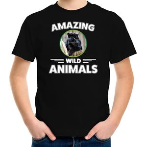 T-shirt panter - zwart - kinderen - amazing wild animals - cadeau shirt panter / zwarte panters liefhebber 134/140