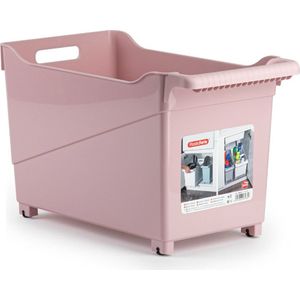 Kunststof trolley pastel roze op wieltjes L45 x B24 x H27 cm - Voorraad/opberg boxen/bakken